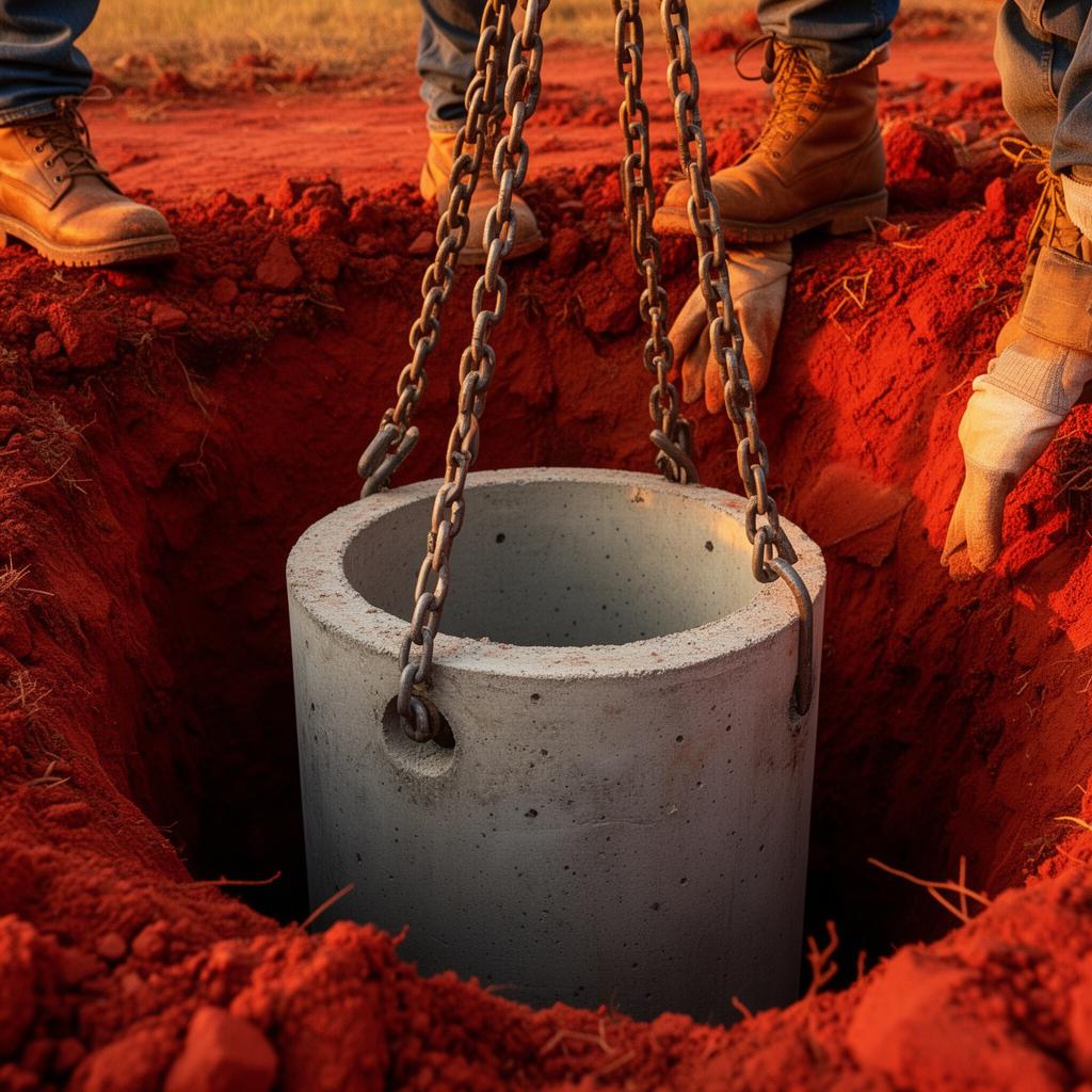 Concrete septic tank set into red Alabama clay